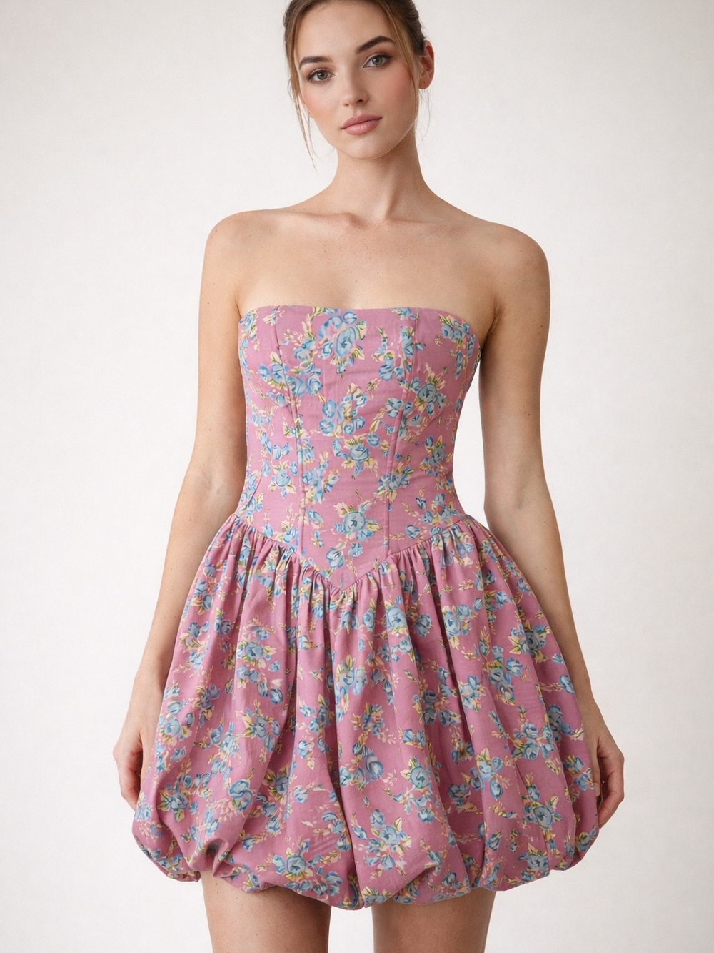 Zara Strapless Pink Floral Bubble-Hem Dress